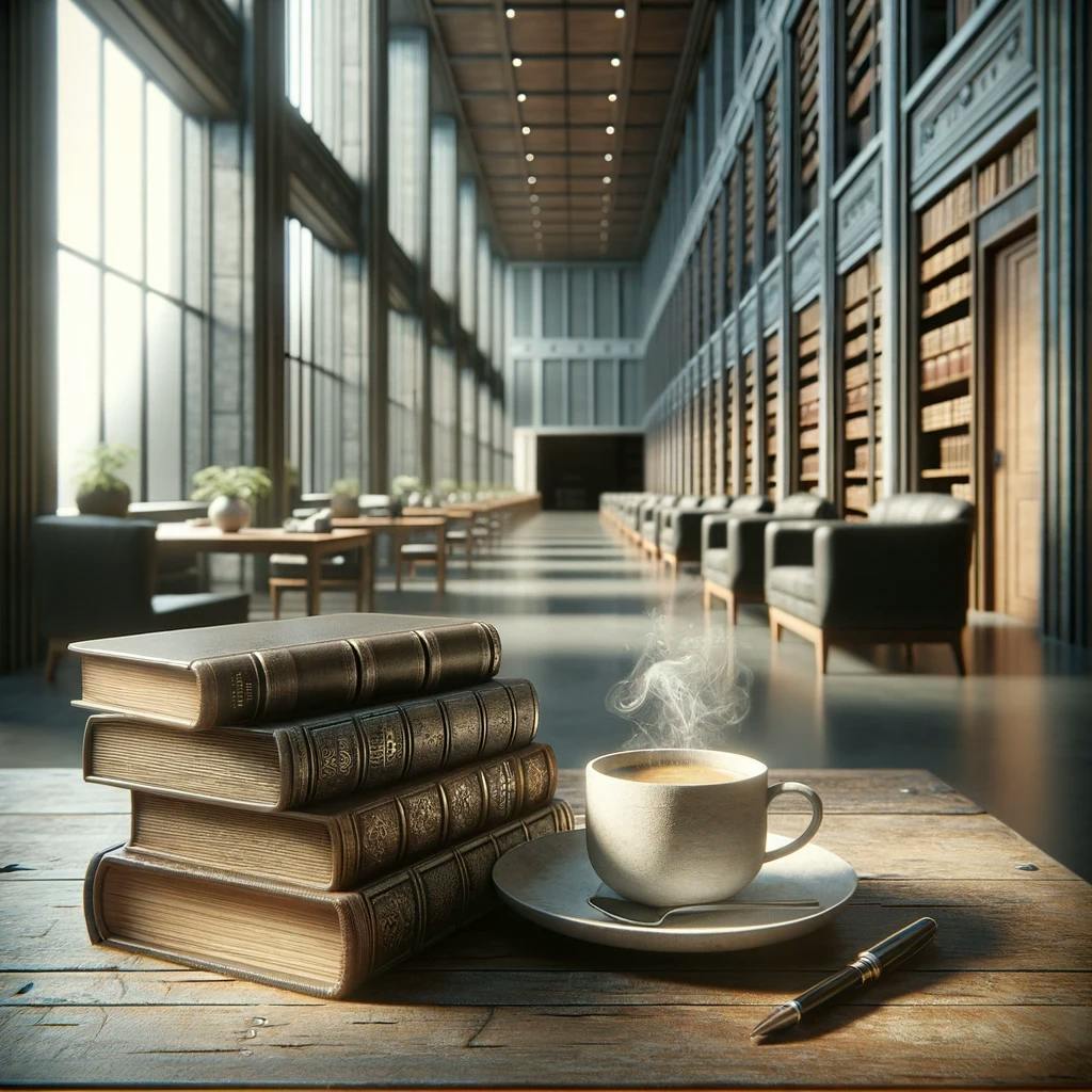 Bücherstapel und dampfende Tasse Kaffee in einer Bibliothek mit langen Tischen und Fensterfront.